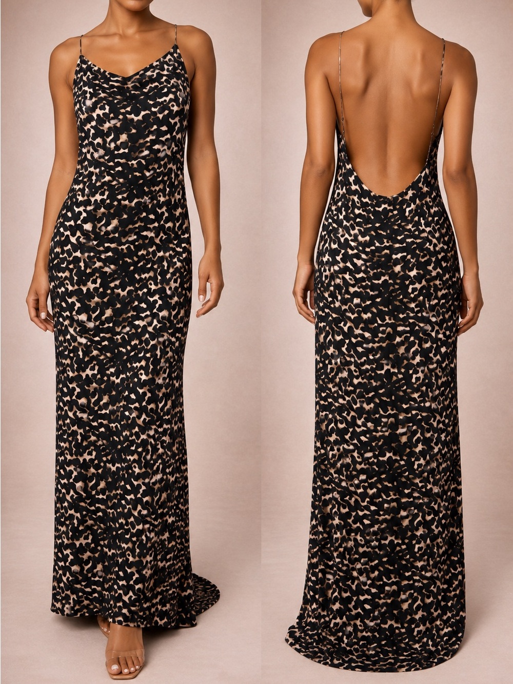 STAUD Black and Nude Spotted Cowl Back Slip Dress